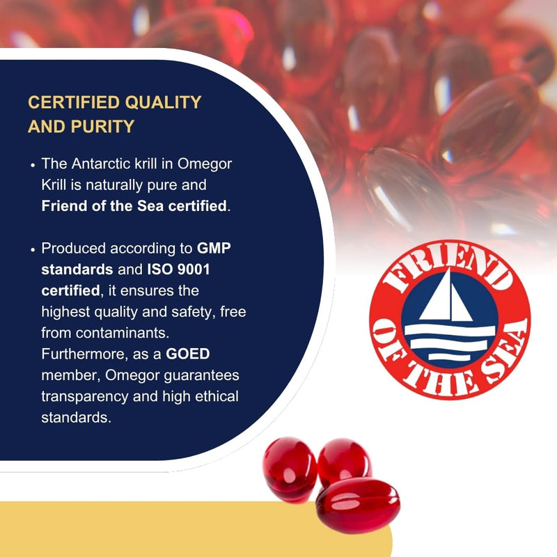 OMEGOR Krill Oil Capsules Omega 3 - Antartic Krill Oil with EPA, DHA, Astaxanthin, Choline, Phospholipids - High Bioavailability and No Aftertaste (60 Softgel Caps) Krill+D3