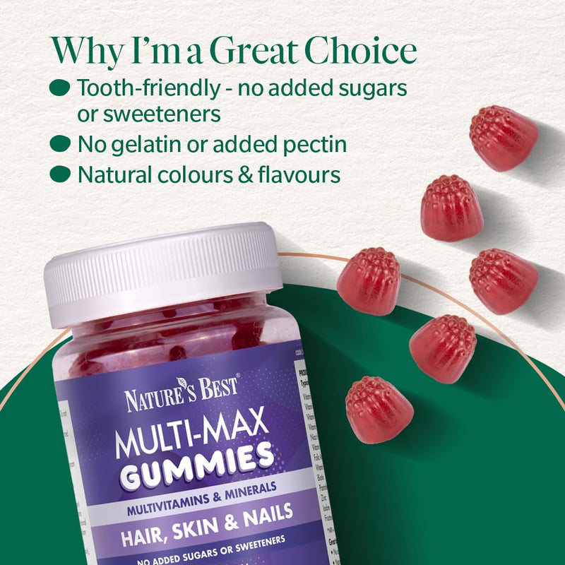 Nature’s Best Multi-Max Multivitamin Gummies for Hair, Skin & Nails - with Biotin, Zinc & Vitamin C - Raspberry Flavour - 60 Gummies (60 Day Supply)