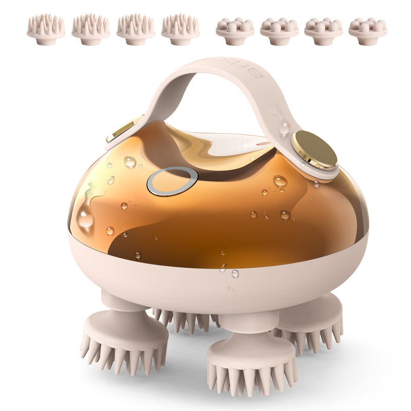 [Australia] - arboleaf Electric Scalp Massager Head Massager Scalp Stress Relax, 5 in 1 Kneading 128 Massage Nodes, Waterproof Hair Massage with 8 Removable Claws Cat Scratcher, Gift for Dad Mom Gold 