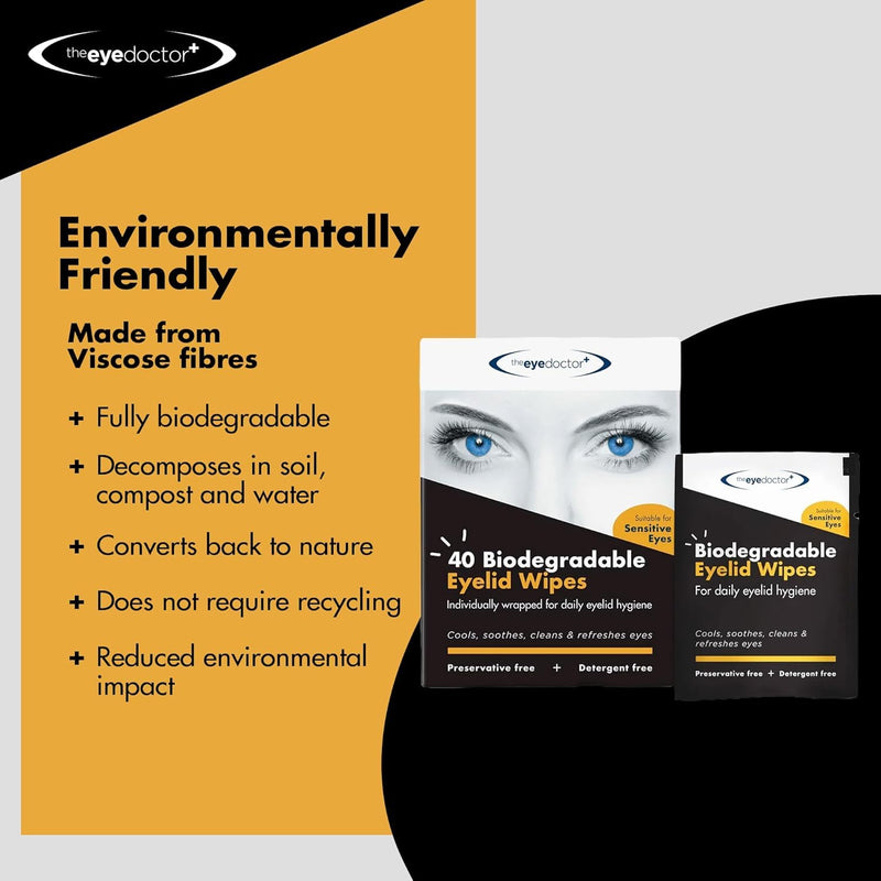 [Australia] - The Eye Doctor Biodegradable Eyelid Wipes - 40 x Single Use Eye Cleaning Wipes for Daily Lid Care - Individual Preservative Free Sensitive Eye Cleaner - Soothes Cleans and Refreshes Biodegradable Wipes 40 Count (Pack of 1) 