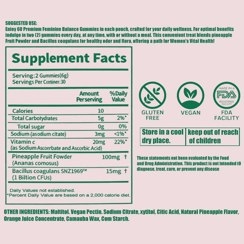 Feminine Balance Gummies - Supports Vaginal Health - pH Balance and Immune Defence - Balances Gut Microbiome - Gluten-Free, Hawaiian Pineapple Flavour (60 Gummies)