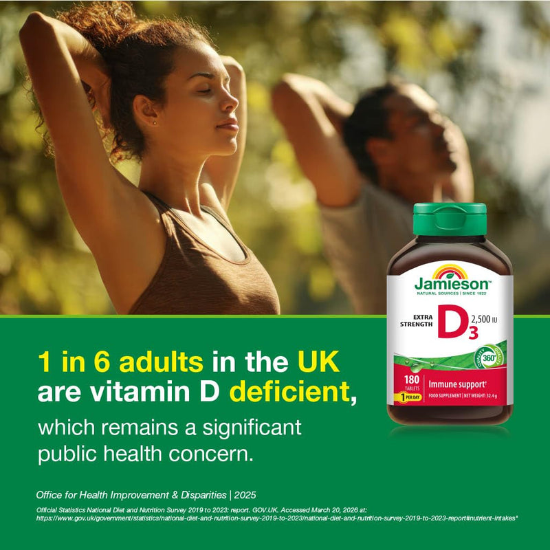 Jamieson Vitamin D3 2,500 IU Tablets, High Potency, Extra Strength, Supports Immune Health, Muscle Function, Bones, & Teeth Vegetarian, Gluten-Free, No Artificial Colours, or Flavours, 180 Count