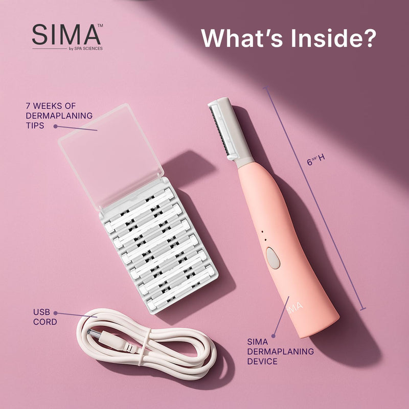 [Australia] - SPA SCIENCES - SIMA Patented Dermaplane Razor for Women Face – Painless 2-in-1 Facial Exfoliation & Peach Fuzz Hair Removal – Anti-Aging – 3 Speeds – Rechargeable – 7 Weeks Treatment Pink 