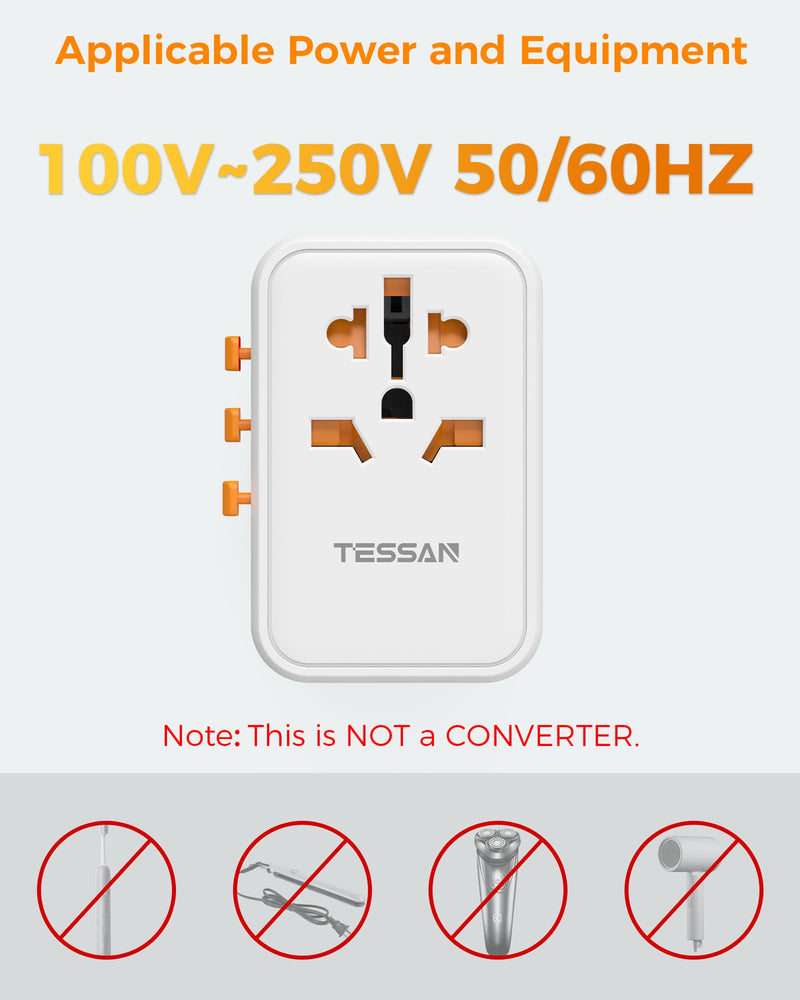 TESSAN Universal Travel Adapter, GaN 65W | 3 USB C Ports, 2 USB A Ports, Type C/G/A/I, European USA UK Australia Ireland Snow white