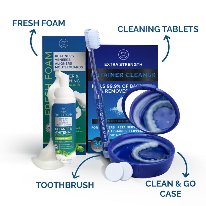 [Australia] - Retainer Cleaning Bundle by Pop On - 30 Retainer Cleaner Tablets, 1 Aligner Cleaner Fresh Foam, 1 Soft Bristle Toothbrush, 1 Mirror Case for Mouth Guards, Night Guards, Invisalign, Veneers, Dentures 