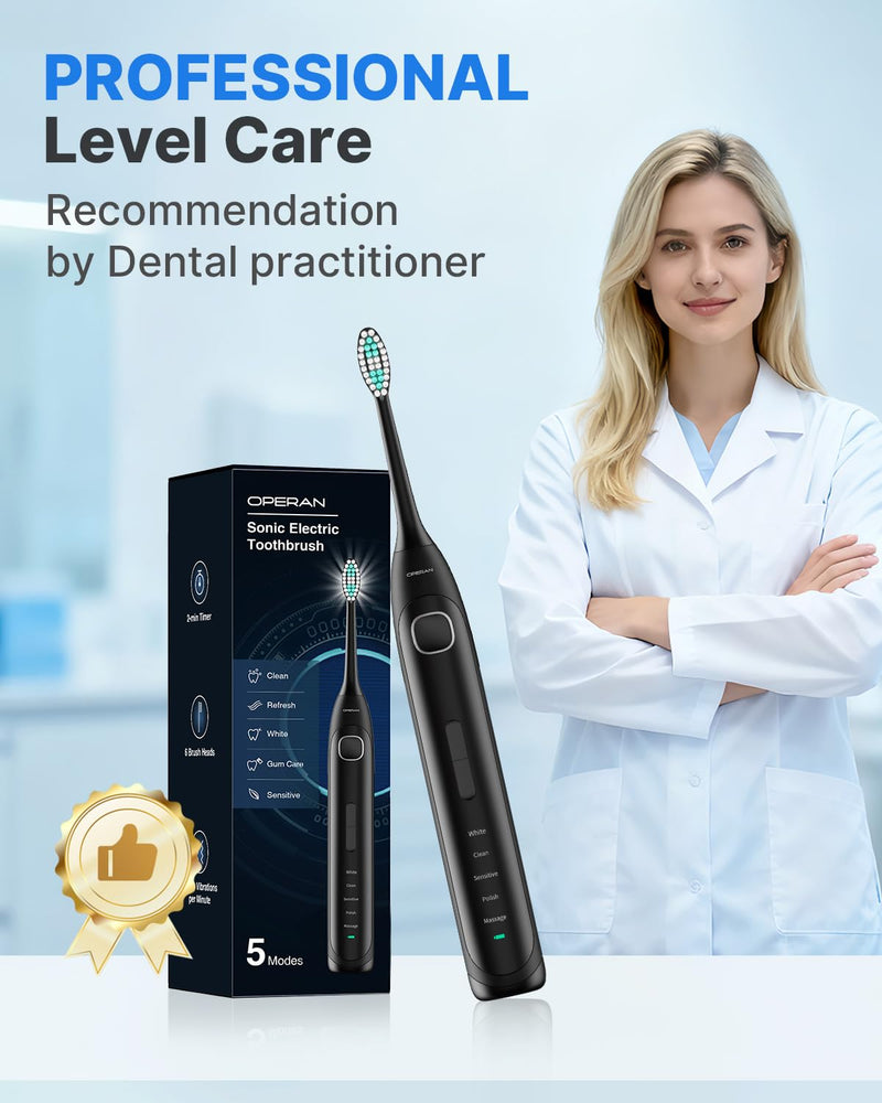 Operan Electric Toothbrush for Adults Sonic Rechargeable Toothbrush with Smart Timer 5 Modes 6 Brush Heads IPX7 Waterproof 40,000 VPM Motor 6 Hours Fast Charge for 100 Days (Black, 1Pack) Black