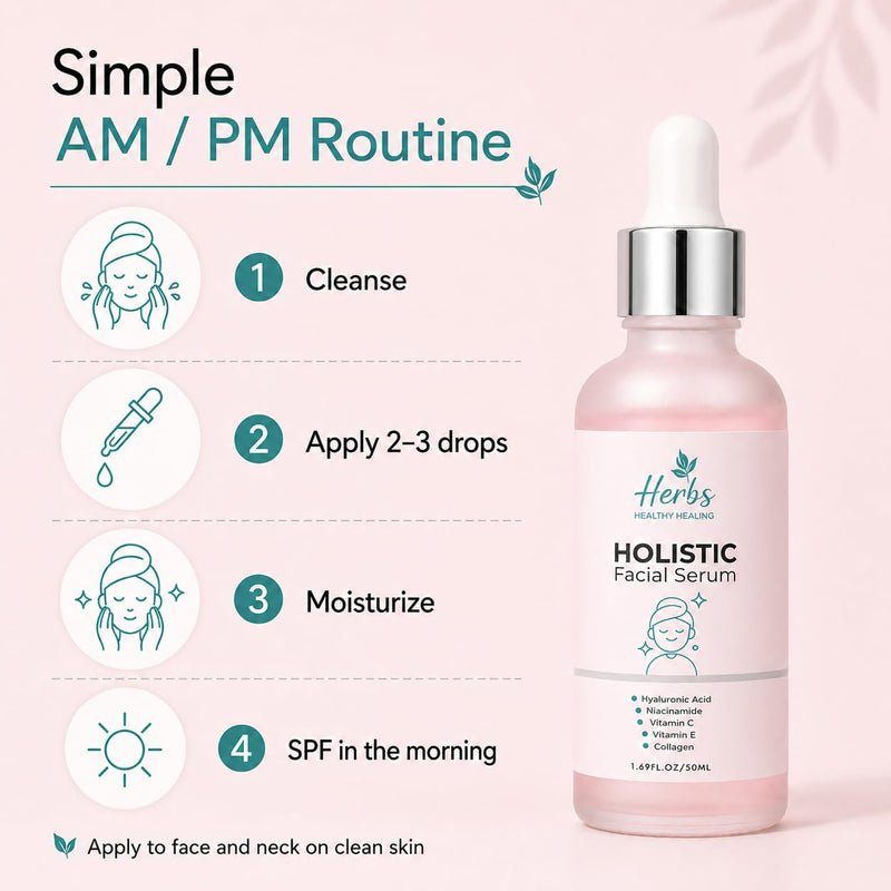 Herbs Healthy Healing Holistic Facial Serum for Face, Hydrating Face Serum with Hyaluronic Acid, Niacinamide, Vitamin C & E, Collagen, Lightweight Dropper Serum, 1.69 fl oz / 50 ml