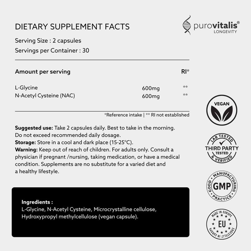PUROVITALIS GlyNAC Clarity, Glycine + NAC Supplement, 600mg Each, Supports Glutathione, Cellular Health & Healthy Ageing, 1-Month Supply (60 Vegan Capsules)