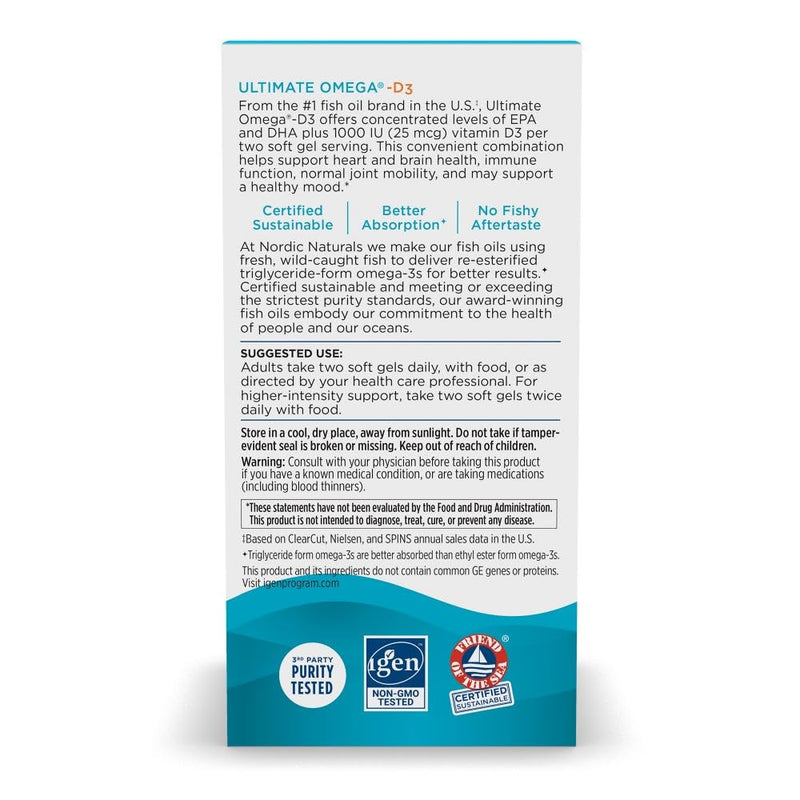 [Australia] - Nordic Naturals Ultimate Omega-D3, Lemon Flavor - 120 Soft Gels - 1280 mg Omega-3 + 1000 IU Vitamin D3 - Omega-3 Fish Oil - EPA & DHA - Promotes Brain, Heart, Joint, & Immune Health - 60 Servings 120 Count (Pack of 1) 