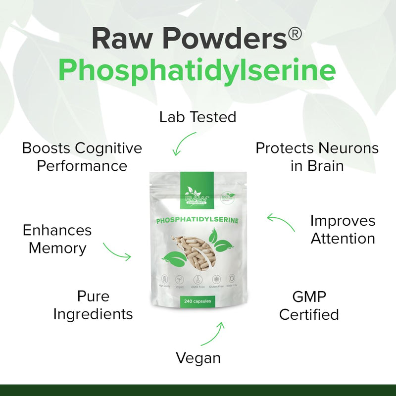 Phosphatidylserine 100mg, 240 Caps – Memory & Cognitive Support – Pure Ingredients, GMO & Gluten Free – GMP Certified Brain Health Supplement by Raw Powders 240 count (Pack of 1)