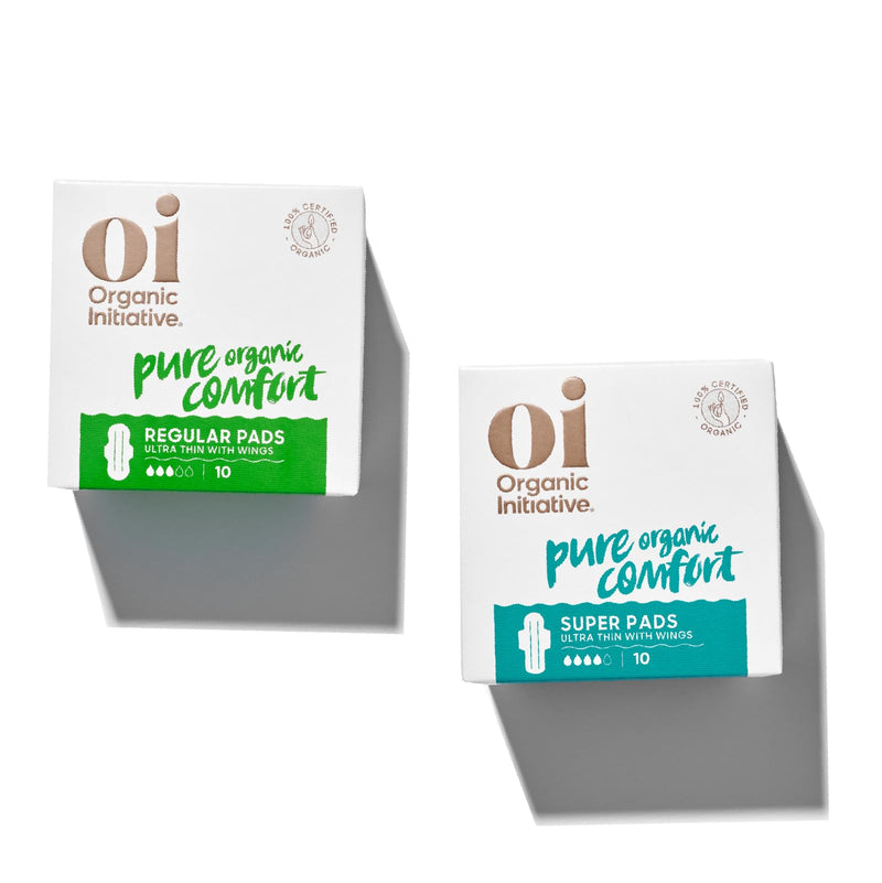 [Australia] - Oi | Organic Initiative - Ultra-Thin Pads with Wings | 100% Certified Organic Cotton, Unscented | Leak Free, Biodegradable | Non-GMO, Toxin Free (Regular/Super, 20, Count) Regular/Super 