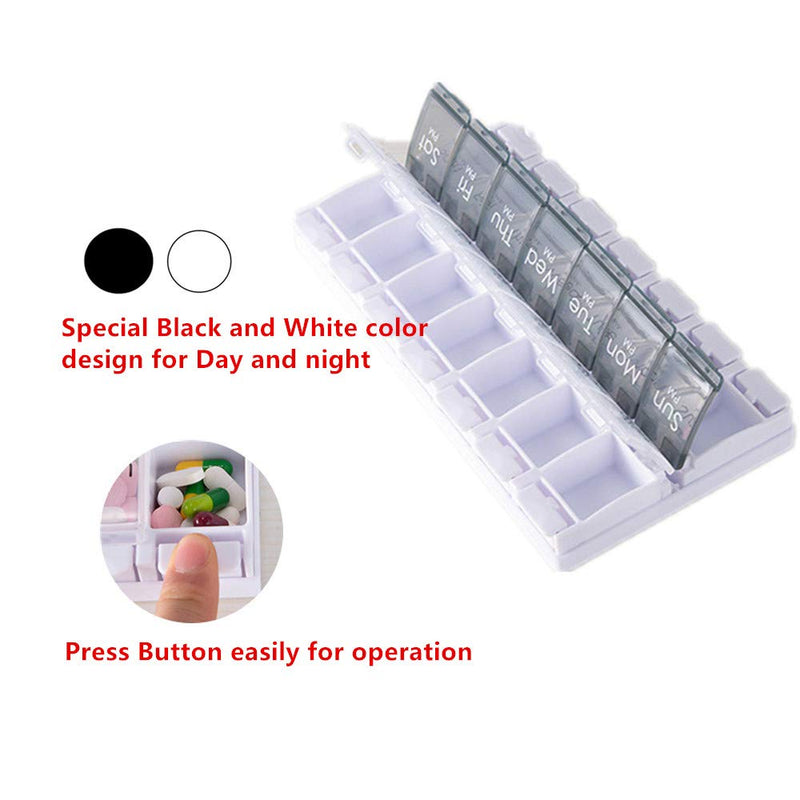 Pill Box Organiser 7-Day Weekly for AM PM Day Night Twice a Day, Pill Case with 14 Compartments for Vitamin Capsule Supplements Press Open Black-White (2time1day-blk)