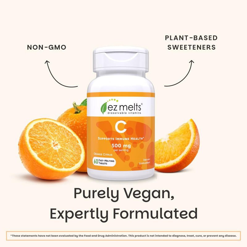 EZ Melts Vitamin C - Daily Vitamin for Antioxidant & Immune Support - No Artificial Flavors - Non-GMO & Sugar-Free - Orange Citrus - 60 Dissolvable Tablets (30 Servings) 60 Count (Pack of 1)