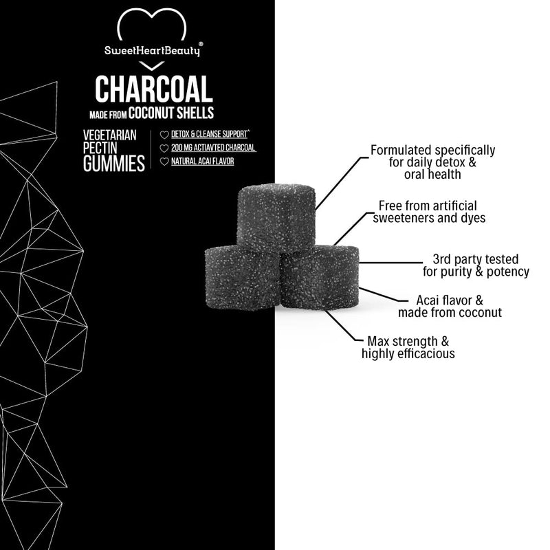 [Australia] - Activated Charcoal Gummies - Natural Coconut Shell Charcoal Gummy Supplements for Detox Support, Stomach Bloat & Oral Health - Gluten Free, Vegan & Pectin Based - Acai Flavor, 60 Count 