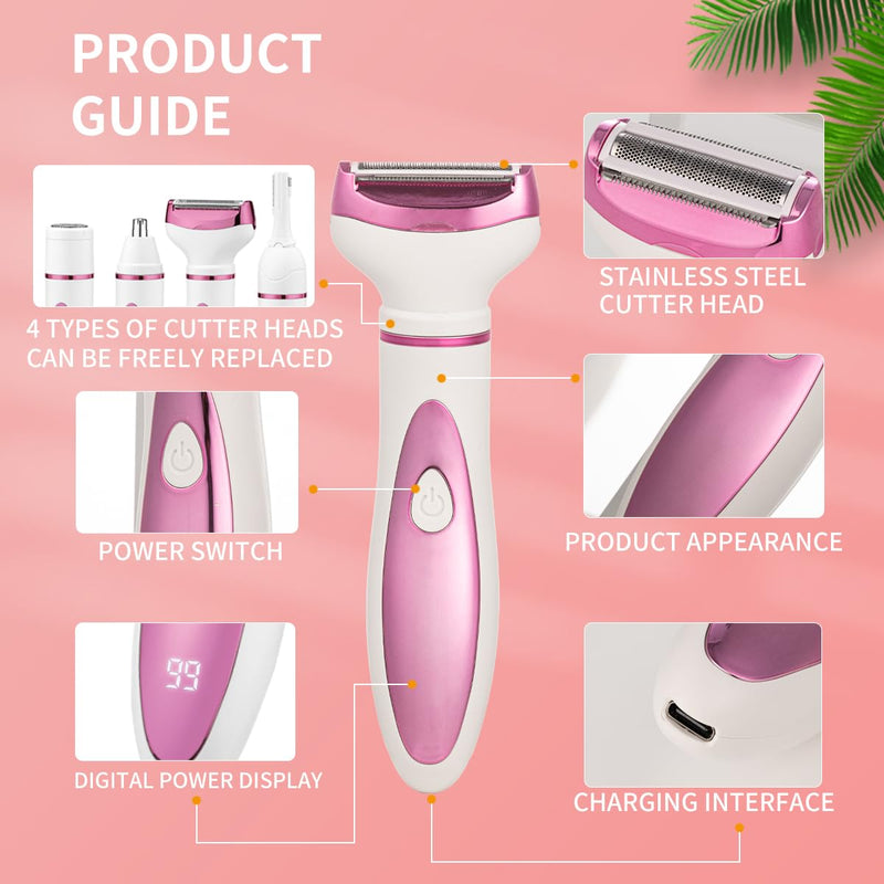 Electric Razor for Women, Bikini Trimmer Womens Shaver for Face Nose Eyebrow Body Leg Pubic Underarm Arm Ladies Rechargeable 4 in 1 Hair Removal Kit Painless Trimming, Gifts for Women (Pink) Pink