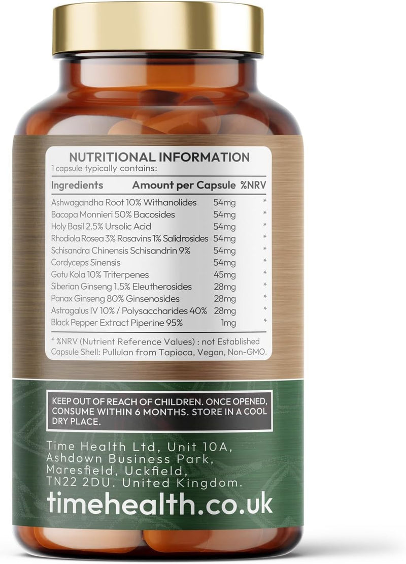 Adaptogen Complex 10 - Energy, Fatigue & Adrenal Support - 120 Capsules - UK Made Supplement - GMP - Vegan