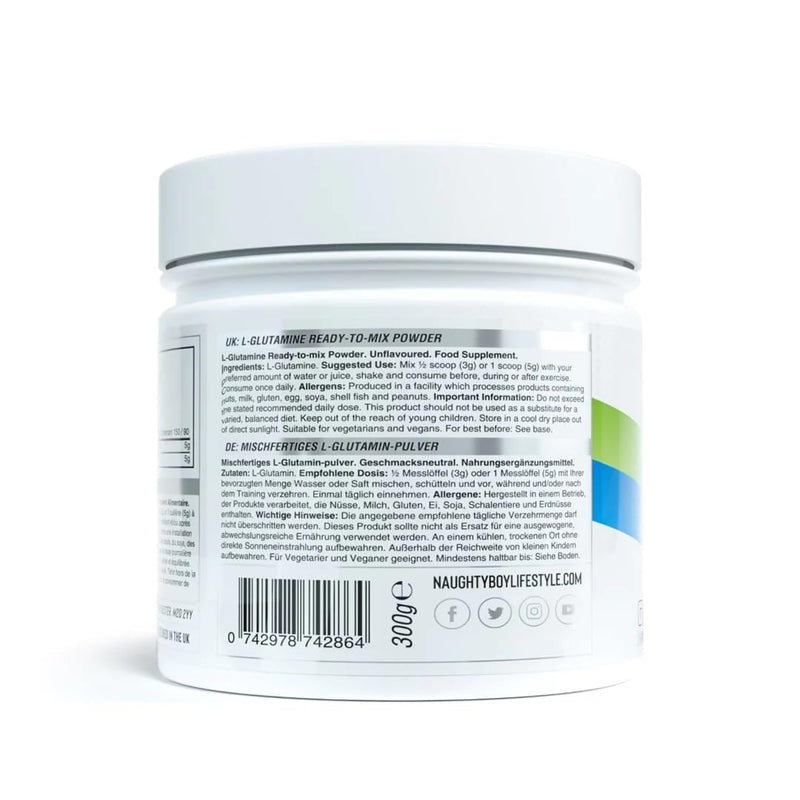 Naughty Boy L-Glutamine Powder, Micronised, Unflavoured and Vegan Friendly. Suitable for All Adults, 100 Servings.