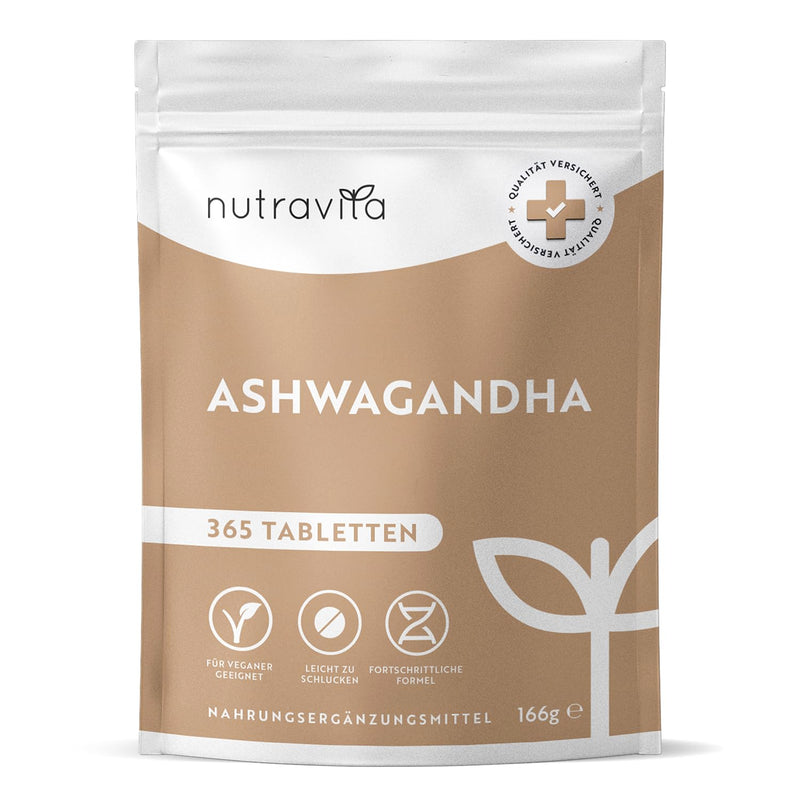 [Australia] - Ashwagandha high dose - 365 vegan tablets (1 year supply) - 600mg per tablet - Highly effective Ashwaganda root powder - Alternative to Ashwagandha capsules - Indian sleepberry - Nutravita 