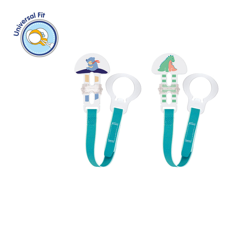 MAM 2 Clips for Pacifiers With Fasteners and Flexible Rings for Boys, Designs May Vary 2 Pack Boy