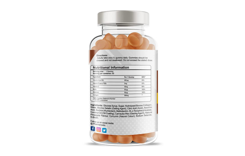 Pharmanostix Collagen Complex Gummies - Natural Orange Flavour - Hydrolysed Bovine Collagen Supported with Biotin, Vitamin C & Selenium - for Healthy Skin & Hair for Men & Women (90 Gummies) 90 count (Pack of 1)