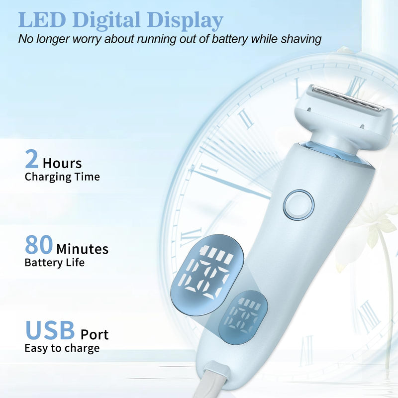 Electric Shaver for Women, 2 in 1 Wet & Dry Bikini Trimmer with 2 Removable Heads, Painless Hair Removal for Bikini, Legs, Underarms, Body (Blue)