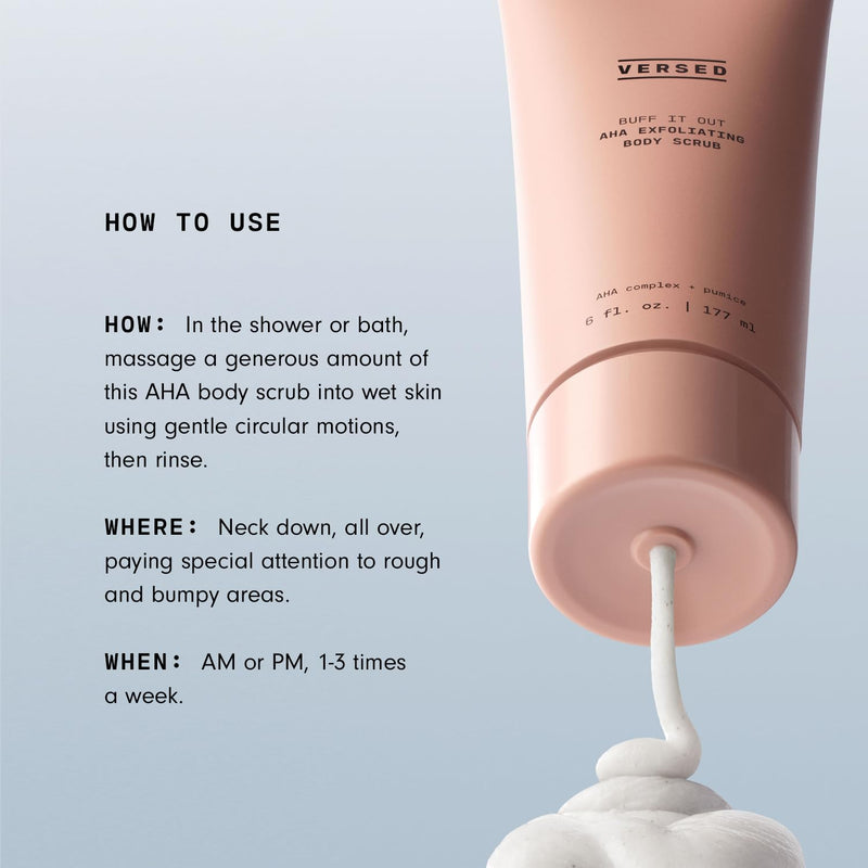 [Australia] - Versed Buff It Out AHA Exfoliating Body Scrub and Mask - Lactic Acid & Glycolic Acid Exfoliant - Microfine Pumice Body Exfoliator to Polish and Smooth Bumpy, Dry Skin - Vegan & Cruelty-Free (6 oz) 6 Ounce (Pack of 1) 