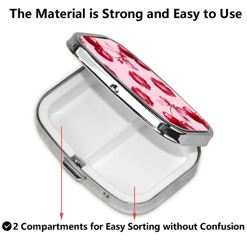 ABLESKY Pill Box, 2 Compartment Pill Organizer Case for Pocket or Purse, Small Portable Metal Travel Medicine Box with Mirror, Daily Vitamins Fish Oil Container-Cherry Pink Bow with Red Lips Cherry Pink Bow With Red Lips