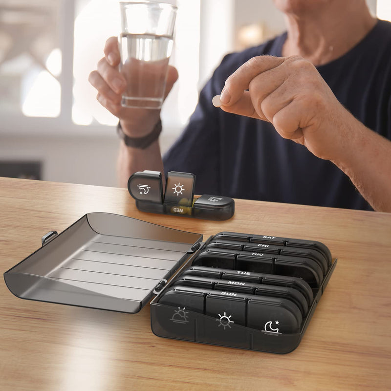 [Australia] - PULIV Weekly Pill Organizer 3 Times a Day, Portable Travel Pill Box 7 Day with Large Pill Containers, Light-Proof Pill Case for Vitamins, Medication, Supplements and Fish Oils (Black) Black 