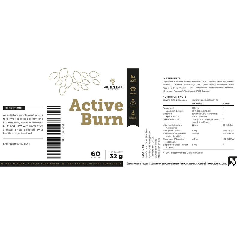 Golden Tree Active Burn − Green Tea Capsules with Vitamin C, Vitamin B6, Zinc, Chromium and Black Pepper Extract − 60 Vegetarian Capsules 60 count (Pack of 1)