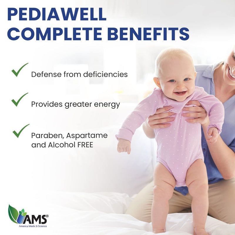 America Medic & Science PediaWell Complete (50mlL) | Liquid Multivitamin for Kids | Iron Supplement with Vitamins A and C for Babies and Toddlers | Vitamin Drops for Enhanced Growth and Development Complete, Natural Raspberry
