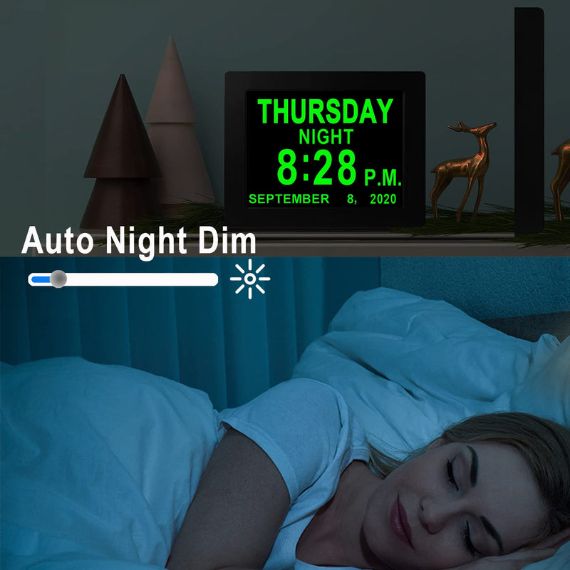 [Australia] - Véfaîî 2024 New, 19 Alarms Electronic Day Date Calendar Clock, Non-Abbreviated Day Date Large Clock for Seniors with Dementia Alzheimer - with Remote Control - 8 Inch with Remote Control Black 