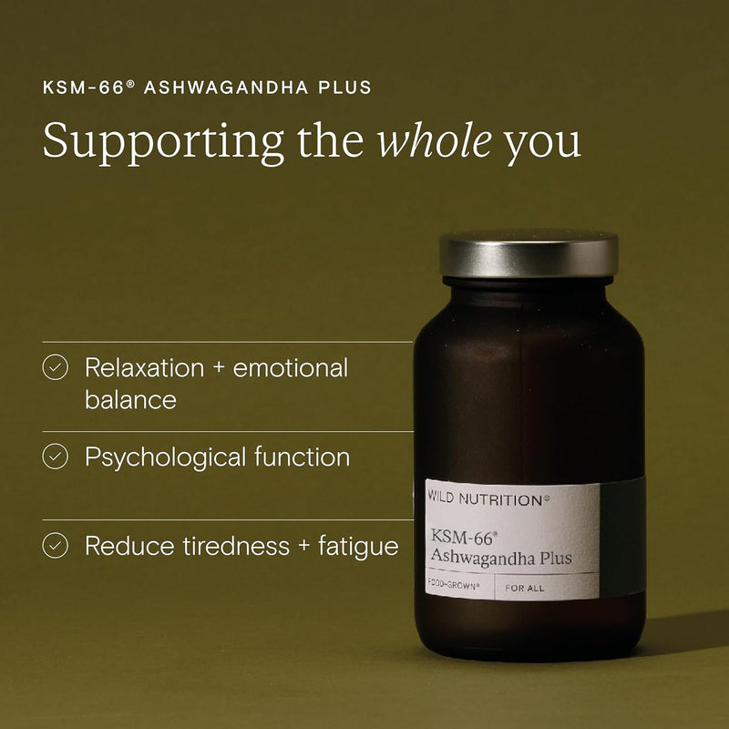 WILD NUTRITION Food-Grown Ashwagandha KSM 66 Plus | Ethically Sourced Ashwagandha Capsules to Support Mind and Body | Tablets to Support Stress and Anxiety | 60 Capsules New formula 60 count (Pack of 1)