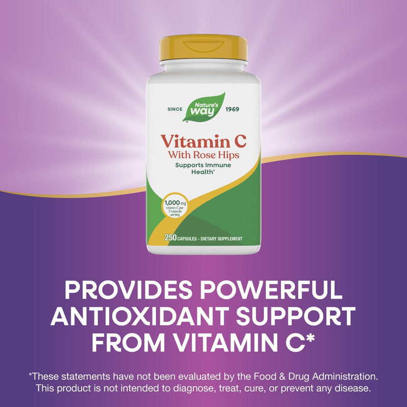Nature's Way Vitamin C with Rose Hips, Immune Health*, 1,000 mg Vitamin C per Serving, 250 Capsules 250 Count (Pack of 1)