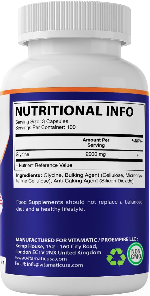 Vitamatic Glycine Supplement, 2000mg Per Serving, 300 Count, Non-GMO, Gluten Free