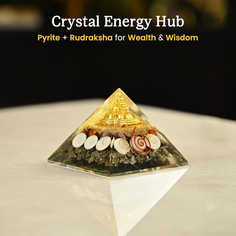 EDMIRA Money Magnet Pyrite Pyramid with Rudraksha & Gomati Chakra, Shree Yantra Vastu Feng Shui Crystal Pyramid for Wealth, Prosperity, Positive Energy, Reiki Healing, Home & Office Decor