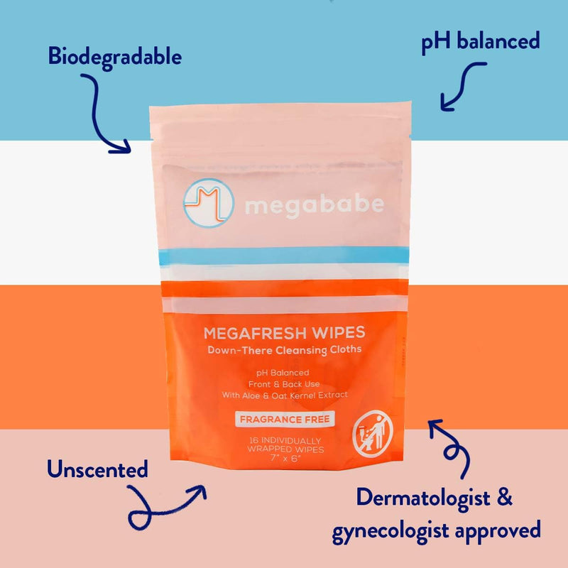 [Australia] - Megababe Megafresh Wipes | Unscented Cleansing Wipes for the Intimate Area | pH Balanced, Front & Back Use | 16 Individually Wrapped Wipes (Pack of 1) 