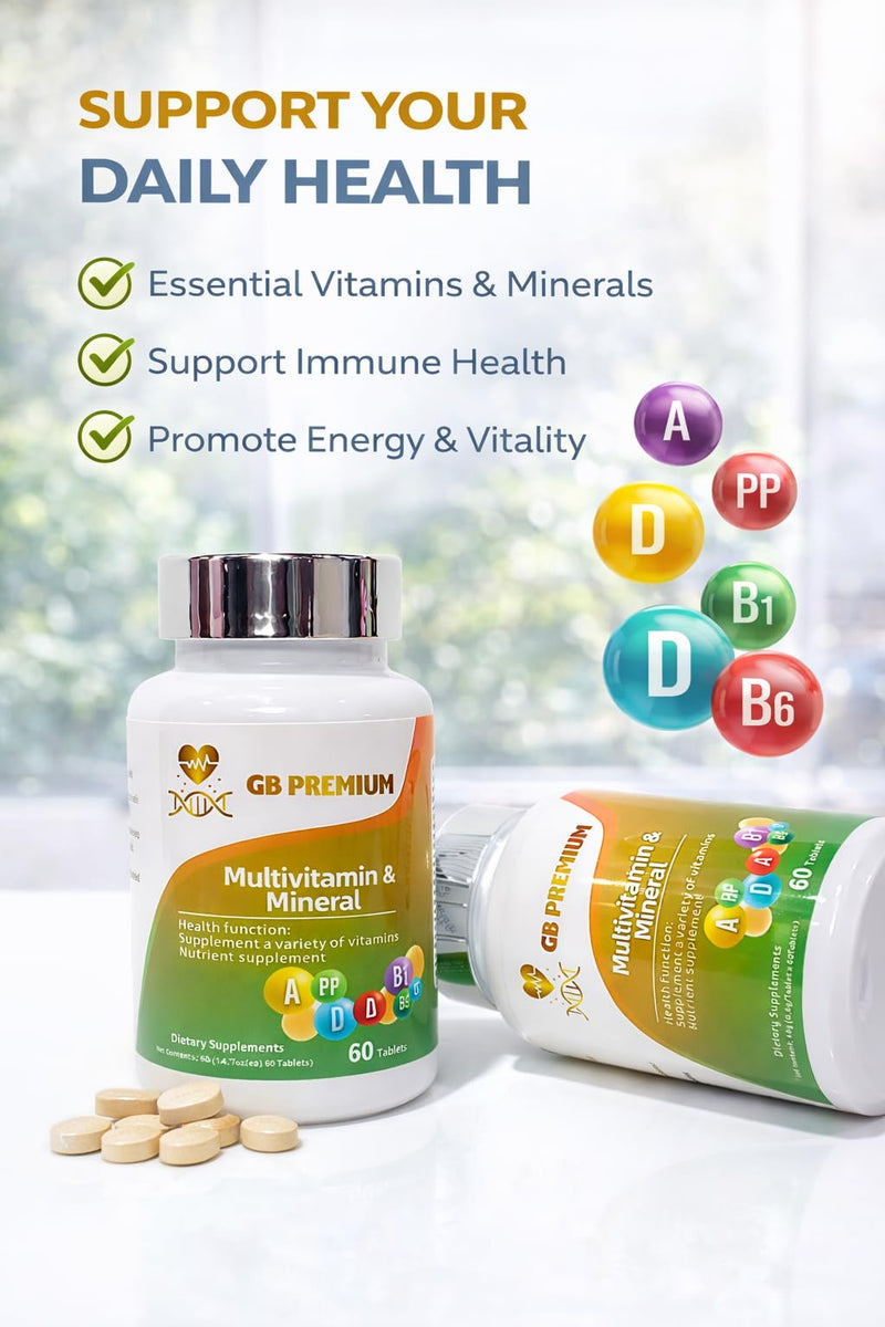 Multivitamin & Mineral Tablets, Daily Vitamins and Minerals Supplement with Vitamin A, C, D3, B Vitamins, Zinc, Iron & Magnesium, 60 Tablets