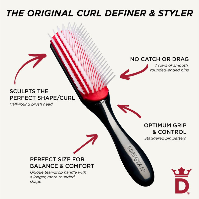 [Australia] - Denman D3 Original Curl Definer & Styler, Curly Hair Brush for Women & Men – 7 Row Detangling & Curl Defining Brush for Smooth Defined Curls - a precision Styling Brush for straight hair Black 