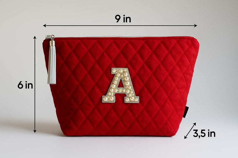 Handmade Red Quilted Cosmetic Bag with Monogram Letter “A”, Cotton Makeup Pouch, Personalized Travel Organizer, Gift for Women, 9x6x3.5 in, White Tassel