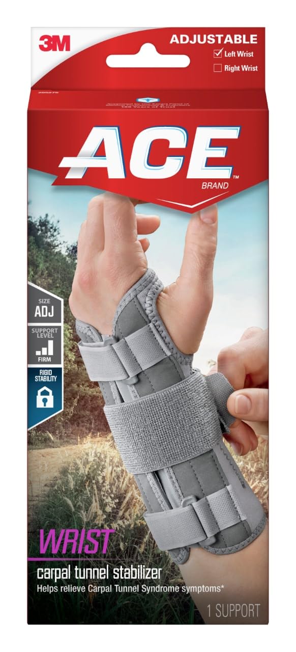 ACE Brand Carpal Tunnel Wrist Stabilizer, Wrist Support for Carpal Tunnel, Adjustable Wrist Brace With Memory Foam Palm, One Size Fits Most 5.5-9 Inch (Pack of 1) Left Hand