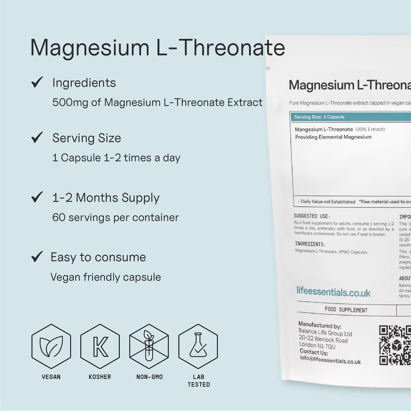 Life Essentials Magnesium L-Threonate 500mg Capsules - Brain Support Supplement for Memory & Cognitive Function - Superior Absorption - 60 Vegetarian Capsules