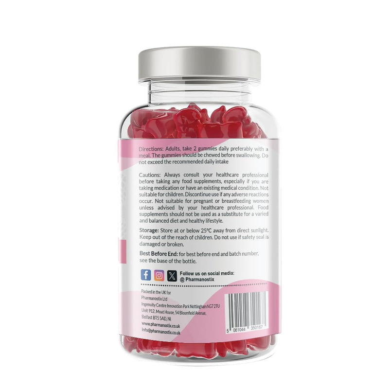 Pharmanostix Ultra Hair, Skin & Nail Gummies - Biotin 5000μg, Zinc, Vitamin D3, Choline, Vitamin C - 60 Vegan Raspberry Flavour Gummies - Gluten, Dairy, Soy & GMO Free