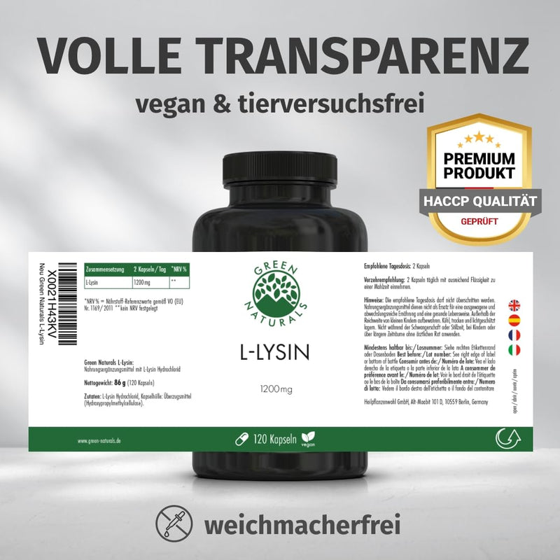[Australia] - High-dose L-lysine capsules - 120 capsules with 1200 mg L-lysine per daily dose - vegan & laboratory tested 