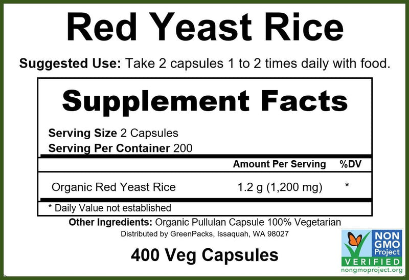 [Australia] - GreenPacks¬Æ Organic Red Yeast Rice, 1200 mg. per Serving (600 mg. per Capsule) Supplement - 400 Capsules 