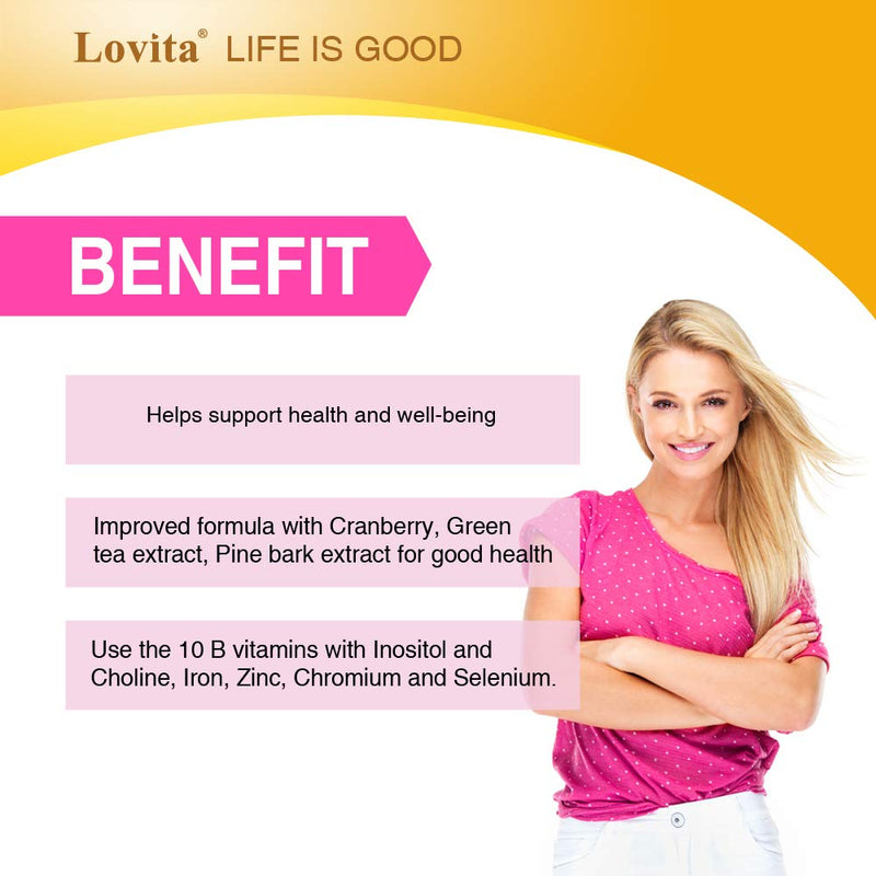 LOVITA B Complex Supplement for Women - High Potency Timed Release with Iron, Vitamin C, Cranberry, Pine Bark, Green Tea, 30 Vegetarian Tablets 1 Count (Pack of 30)