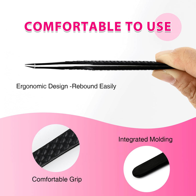 TDANCE Lash Tweezers for Eyelash Extensions, Diamond Grip 45 Degree Fiber Tip Lash Tweezers, Stainless Steel Lash Extension Tweezers(Black-04) Black-04