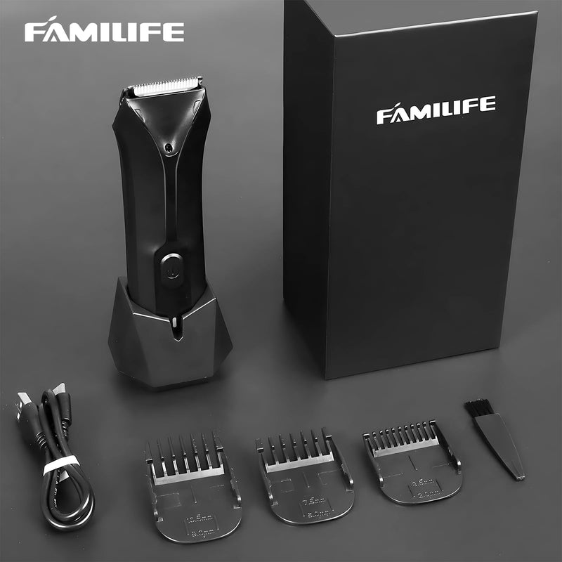 [Australia] - FAMILIFE Body Trimmer for Men, Ball Trimmer Men, Electric Groin & Pubic Hair Trimmers, Replaceable Ceramic Blade Heads, Waterproof Wet/Dry Use, Standing Recharge Dock, 90 Minutes Usage 
