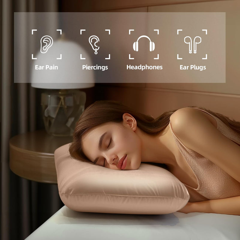 [Australia] - USlixury Piercing Pillow - Ear Piercing Pillow with Foam Plug, 4''H Mini Donut Plilow with 4.7x3.2 Off Center Ear Hole, CertiPUR-US Memory Foam Hole Plilow for Side Sleeper, Satin Cover, Champagne 16"*11"*4" 