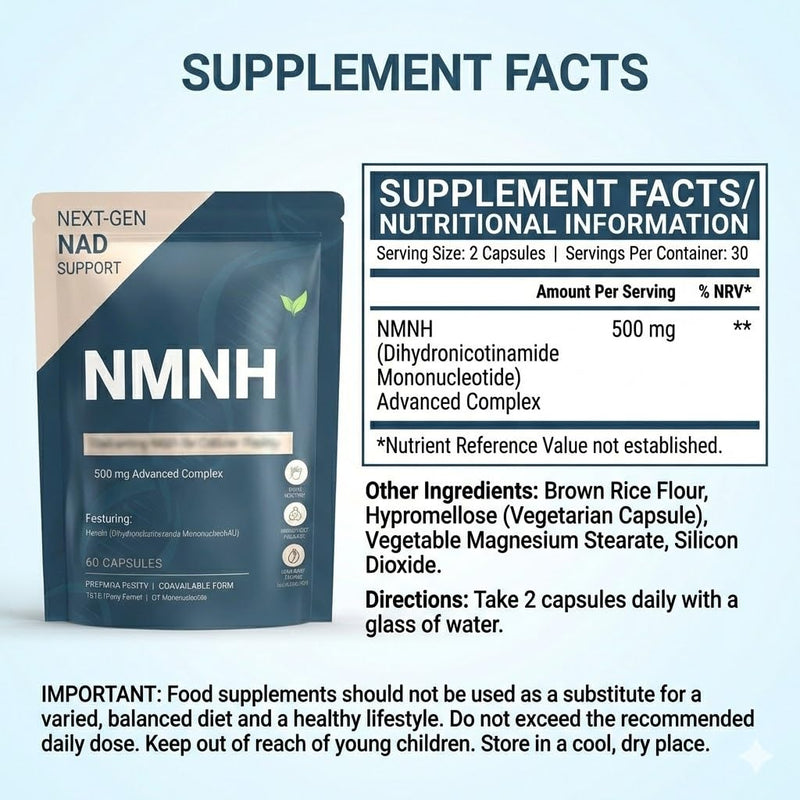NMNH Supplement 500mg – Reduced NAD+ Precursor – Cellular Energy, Healthy Aging & Mitochondrial Support – 60 Vegan Capsules – High Absorption Dihydronicotinamide Mononucleotide 60 count (Pack of 1)