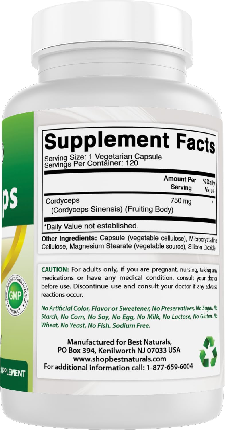Best Naturals Cordyceps Sinensis Mycelium Mushroom Powder 750 mg 120 Veggie Capsules